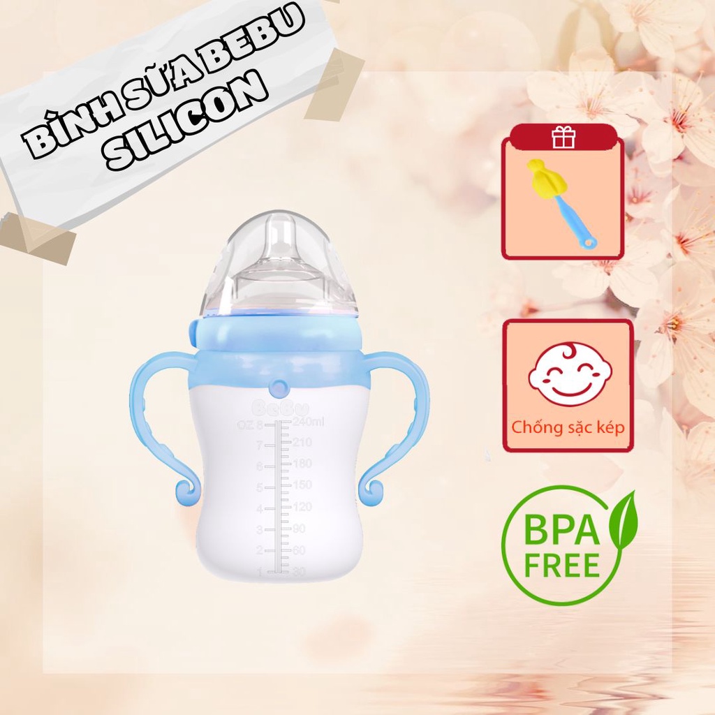 (240ml) Bình Sữa BEBU Silicon Kháng Khuẩn Không BPA An Toàn Cho Bé Chứng Nhận Bởi FDA Hoa Kỳ Và Bộ Y Tế