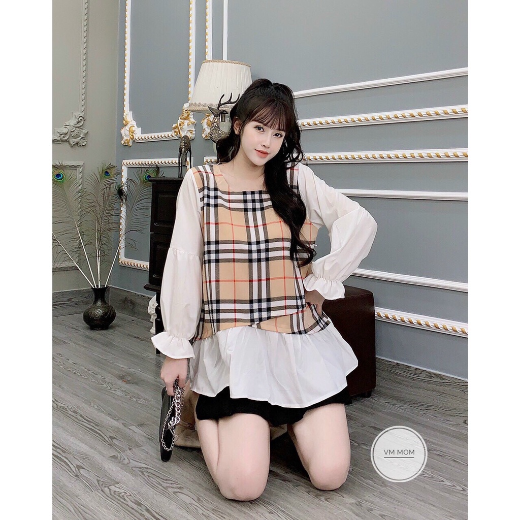 Áo bầu kẻ XUÂN HÈ dáng babydoll trẻ trung, có nơ bụng, chất cotton cho mẹ bầu đi làm đi chơi freesize 45-65kg - 𝐀𝐁𝟎𝟓