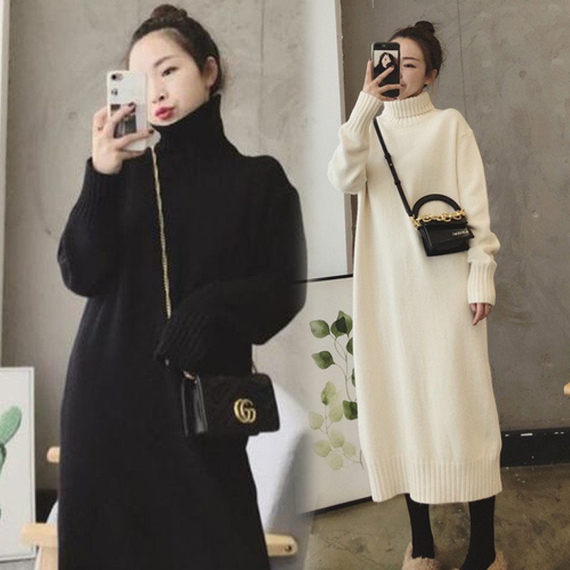 (HÀNG SẴN) Váy len cổ lọ dáng suông dài ấm áp mùa thu đông style Hàn Quốc -meobeox