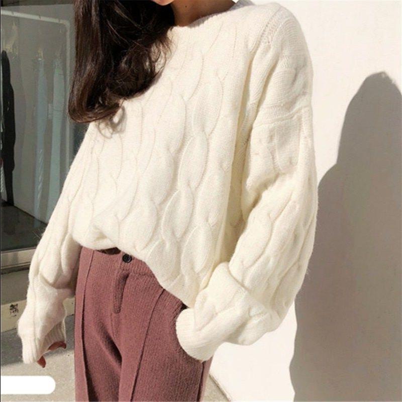 Áo sweater IELGY màu trơn tay dài cổ tròn dáng rộng phong cách cổ điển