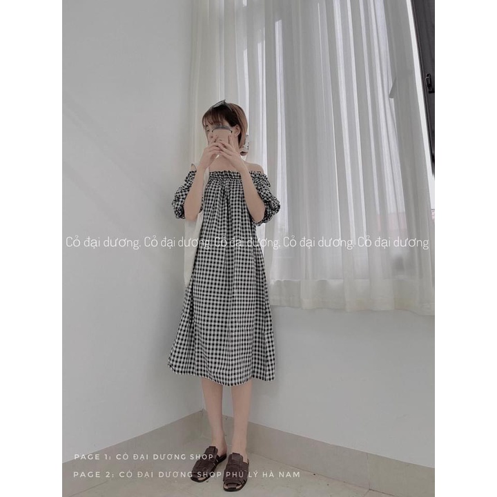 Váy nữ kẻ suông dáng dài Vintage - Đầm xuông dáng dài trễ vai Ngọc Uyên Store