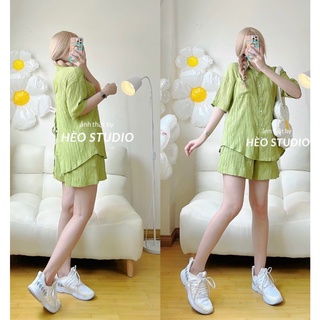 Set sơ mi buộc lưng mix quần short xanh bơ siêu xinh hot hit sos pijama