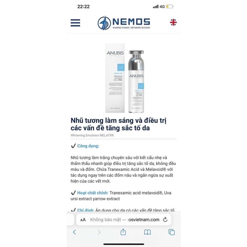 Nhũ tương Anubis anubiss dưỡng trắng da mờ nám nhanh hàng cao cấp