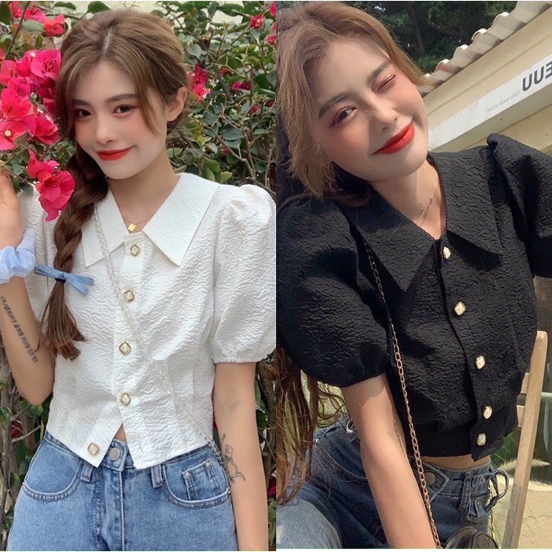 Áo sơ mi vân xốp nút bạc tay bồng nhẹ siêu đẹp