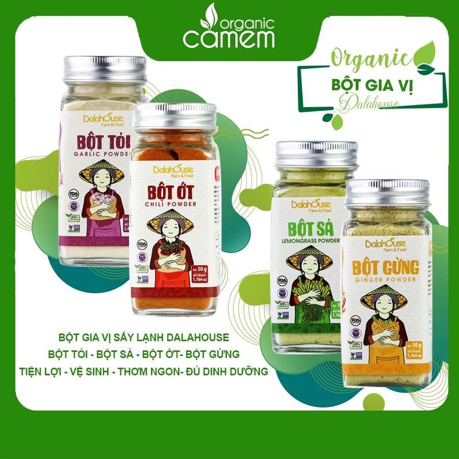 Bột gia vị sấy lạnh [Bột Ớt, Bột Gừng, Bột Sả, Bột Nghệ, Bột Tỏi] dalahouse lọ thủy tinh 50g