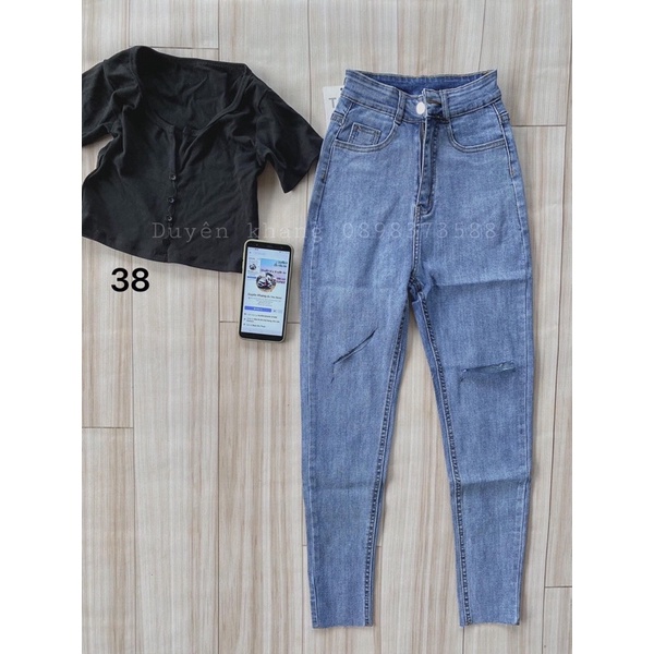 Jeans dài lưng cao co giãn tua lai rách xéo