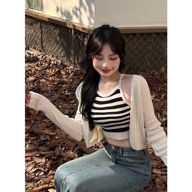 Kumikumi HUANG YOYO Áo Croptop Set Áo Hai Dây + Áo Khoác cardigan Dệt Kim Thời Trang Nữ Áo croptop