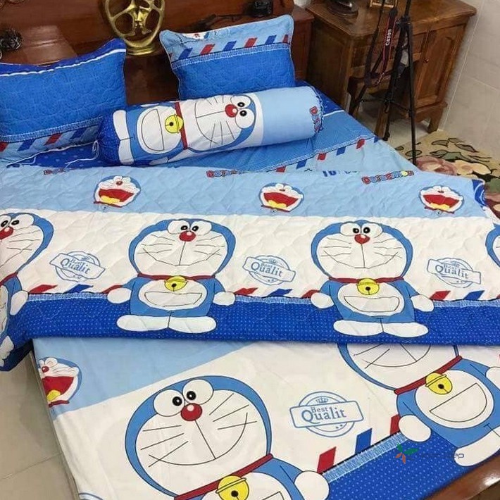 Bộ ga chun vỏ gối poly cotton mẫu Doremon phong bì thư