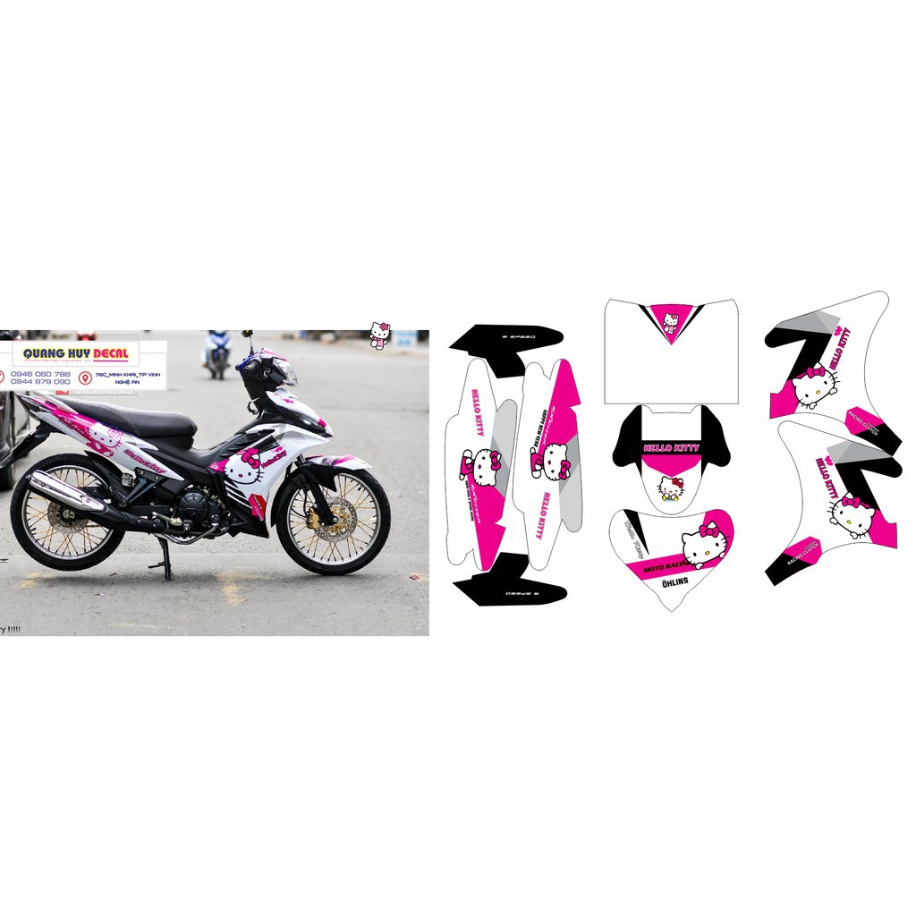 Tem xe exciter 135 hồng trắng hello kitty, độ team trùm decal xe máy ex dán đời 2011-2014