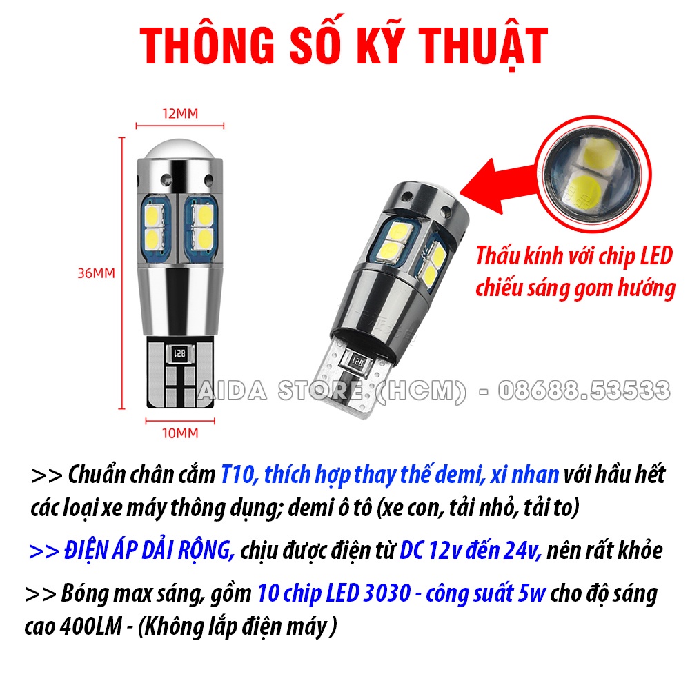 Bóng đèn LED T10 10smd CREE 3030 điện áp rộng 12-24v demi, xi nhan xe máy, ô tô