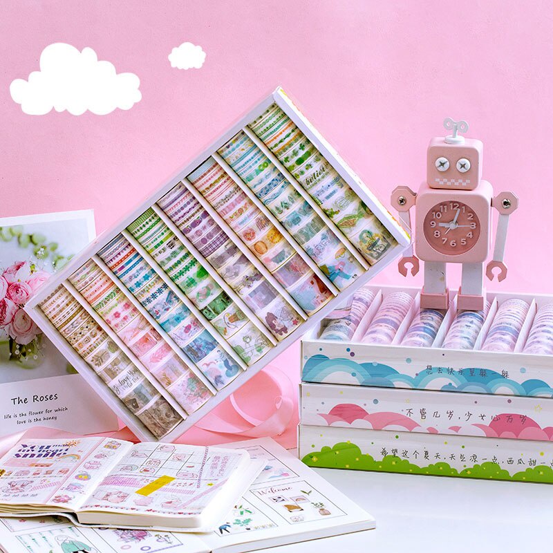 Set 120 Cuộn Băng Keo Giấy Washi Họa Tiết Hoa / Mặt Trăng / Ngôi Sao Dễ Thương