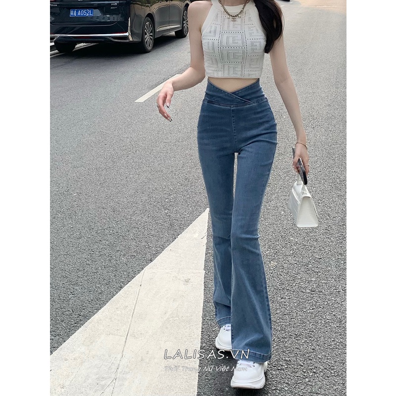 Quần jean nữ lưng cao ống loe phong cách thời trang Hàn Quốc