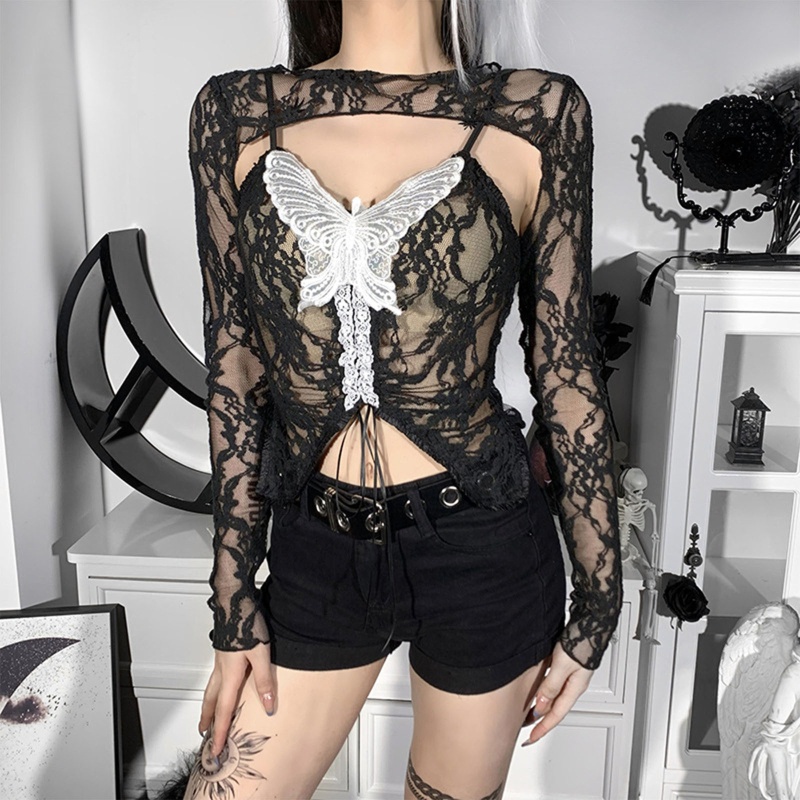 Bộ Trang Phục 2 Mảnh Gồm Áo Croptop Tay Dài Và Áo Hai Dây Xuyên Thấu Phối Ren Hình Bướm Dành Cho Bạn Nữ
