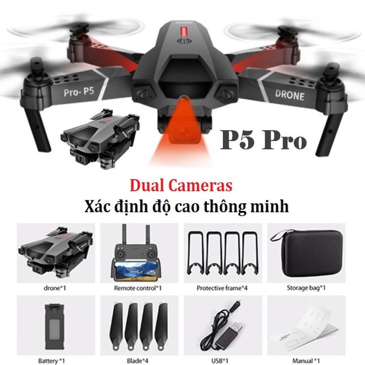 Máy Bay Điều Khiển Từ Xa 4 Cánh P5 Pro, Drone Flycam 4k Mini Giá Rẻ, Play cam, Flai Cam WiFi Pin Khỏe Bay Xa 200M