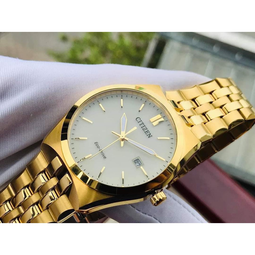 Đồng hồ Nam Citizen Eco Drive BM7332-61P Size 40mm,Mặt trắng,Lịch ngày-Năng lượng ánh sáng-Dây kim loại mạ vàng cao cấp