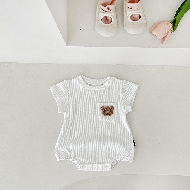 Bộ Áo Liền Quần Ngắn Tay In Hình Gấu Phong Cách Hàn Quốc Cho Bé Trai Và Gái