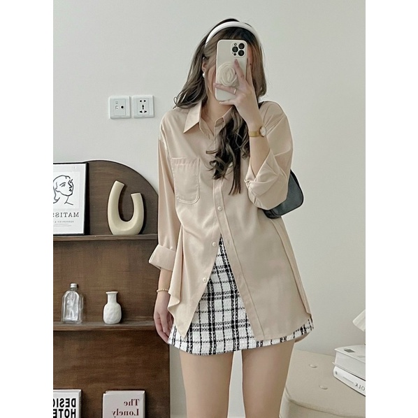 Áo sơ mi dài tay túi ngực lụa hàn nhiều màu kiểu mới, áo sơ mi phom rộng