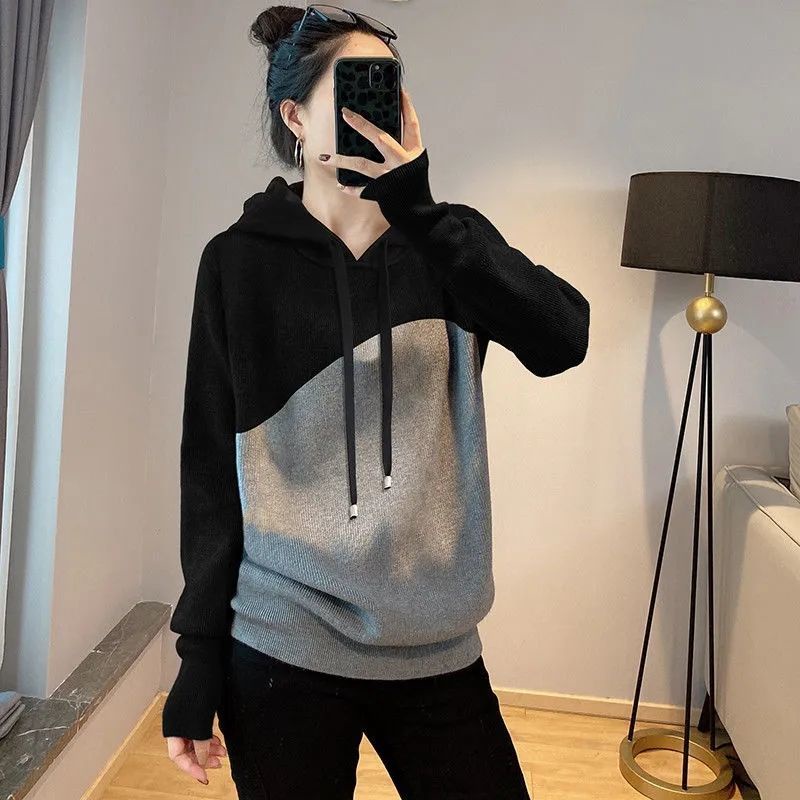 Áo Sweater Đen Dáng Rộng Có Mũ Trùm Thời Trang Xuân Thu 2022 Cho Nữ