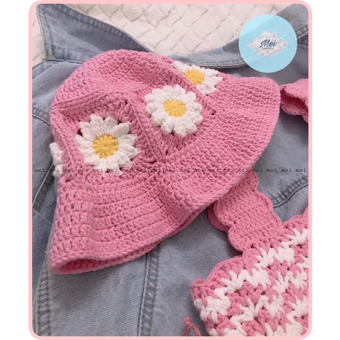 NÓN LEN HOA CÚC handmade Made by Mei, DAISY bucket hat granny square, mũ len móc hoa cúc crochet