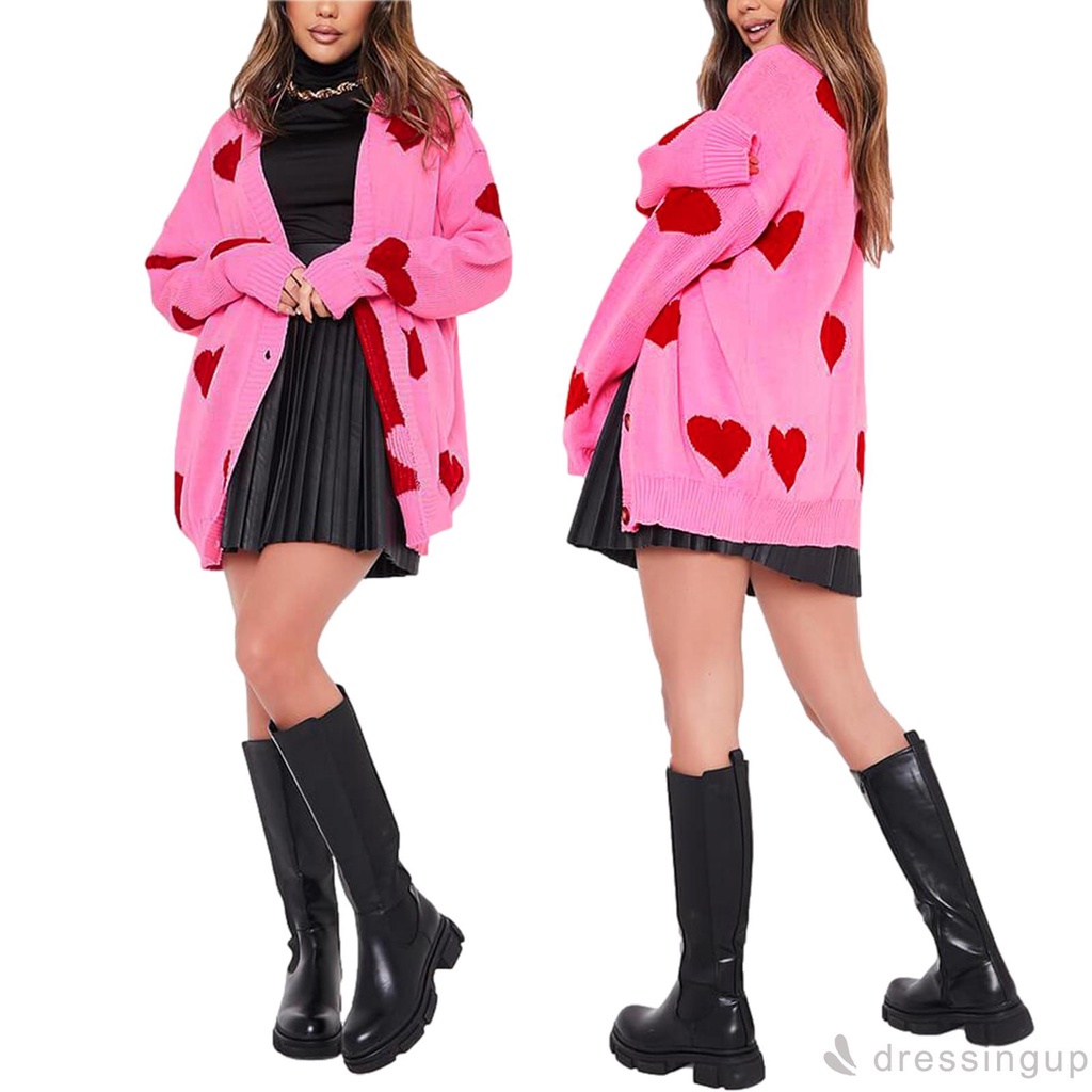 Đầm Tay Dài Cổ Chữ V In Họa Tiết Hoa / Trái Tim Thời Trang Cho Nữ