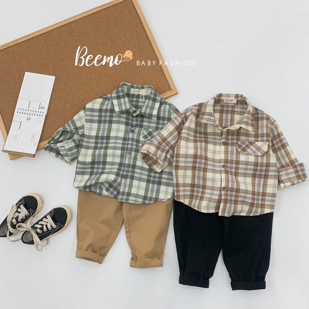 Set sơ mi cho bé trai Beemo, Chất liệu cotton mềm mịn, họa tiết kẻ sọc caro cá tính, hàng xuất Âu Mỹ cực đẹp B100
