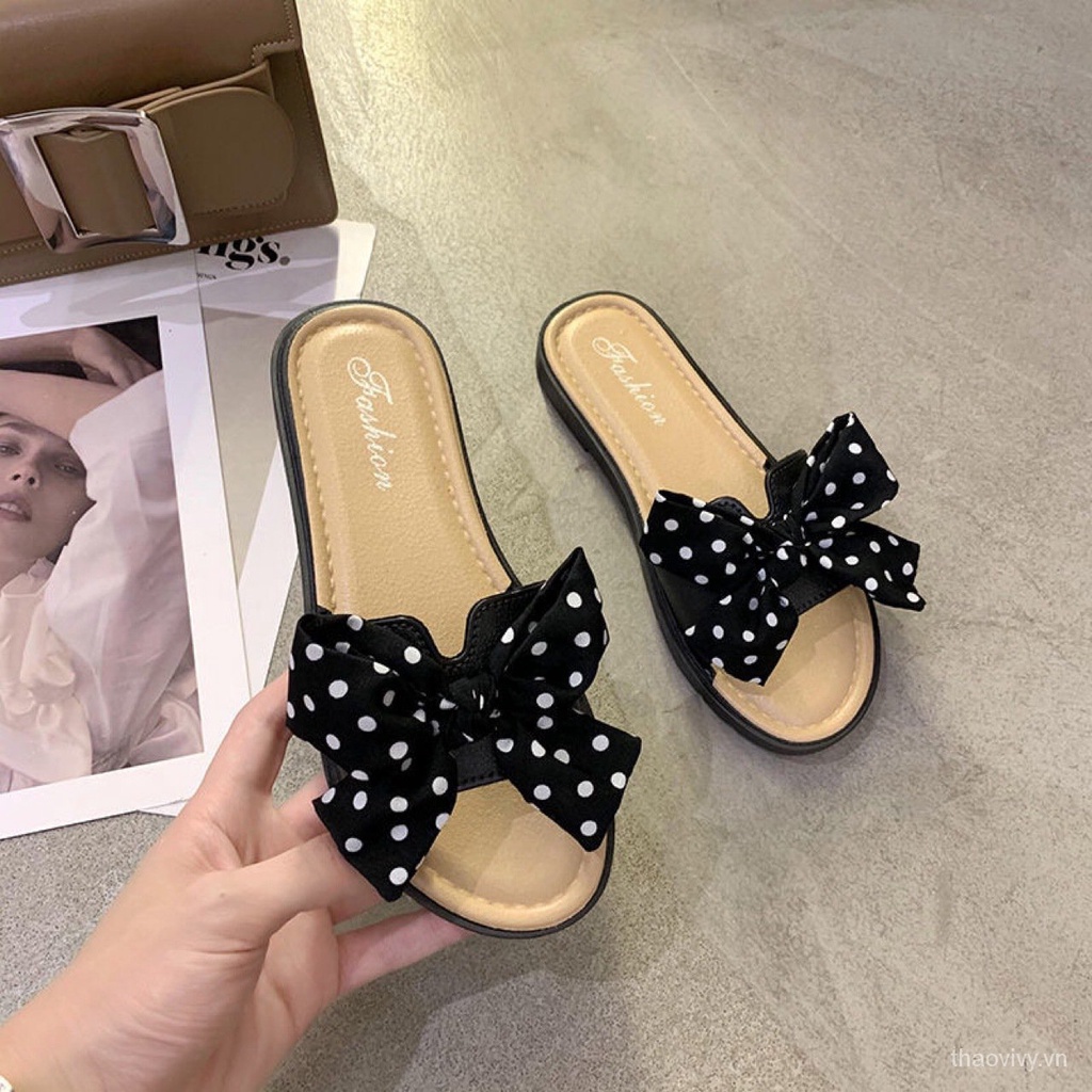 DÉP GIẢ CÓI NƠ Xinh xinhh New Bow Slippers Women's Outer Wear Korean Style Women's Shoes Flower Beach Shoes Sandals Female Online InfluencerinsFlat Shoes