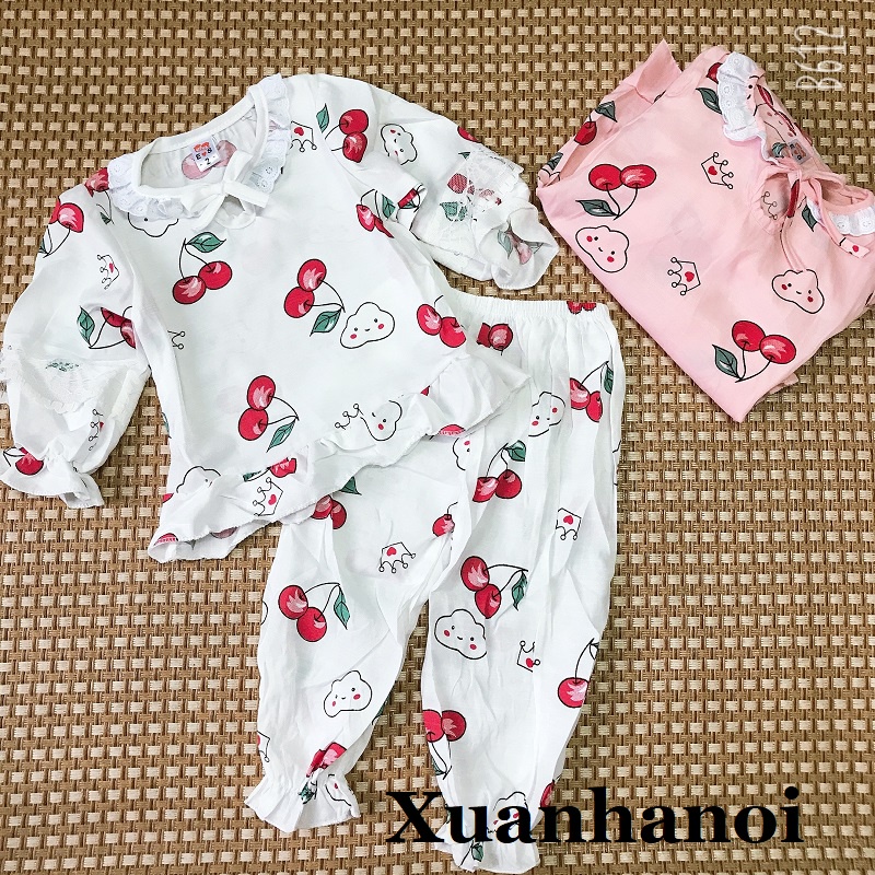 Bộ ngủ dài tay bộ pijama bánh bèo bé gái quả Cherry 2 mầu Hồng và Trắng XHN721