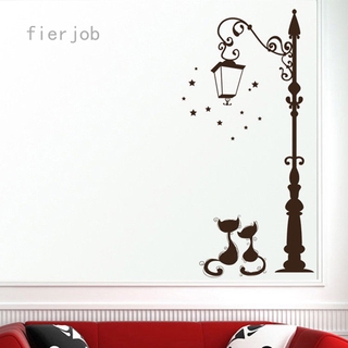 Fierjob Miếng dán tường trang trí hình 2 chú mèo dưới ngọn đèn đường lãng mạn tháo gỡ dễ dàng