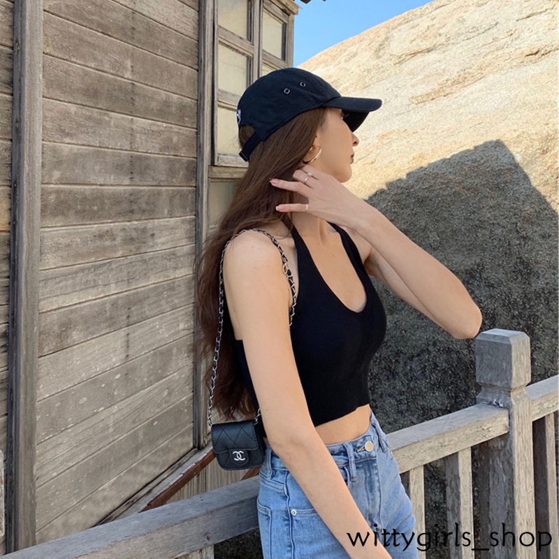 Wittygirls-áo Hai Dây Dệt Kim Ngắn Màu Đen Gợi Cảm Mùa Hè Cho Nữ