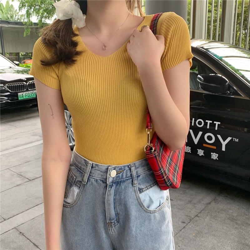 Áo Dệt Kim Ngắn Tay Cổ Chữ V Màu Trơn Thời Trang Dành Cho Nữ | BigBuy360 - bigbuy360.vn