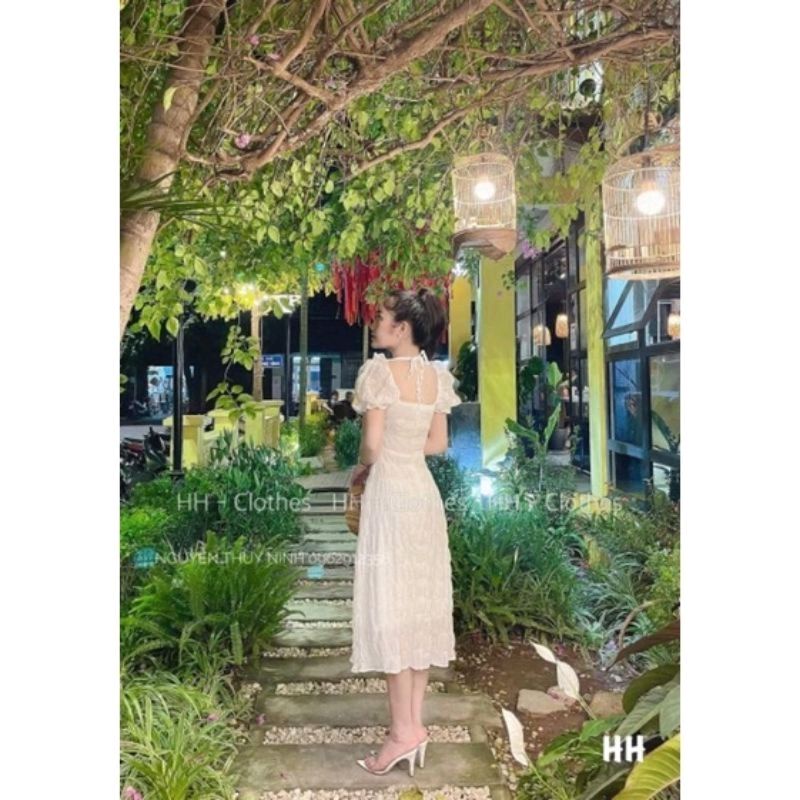 Váy nhăn chun vai cổ vuông tay bồng