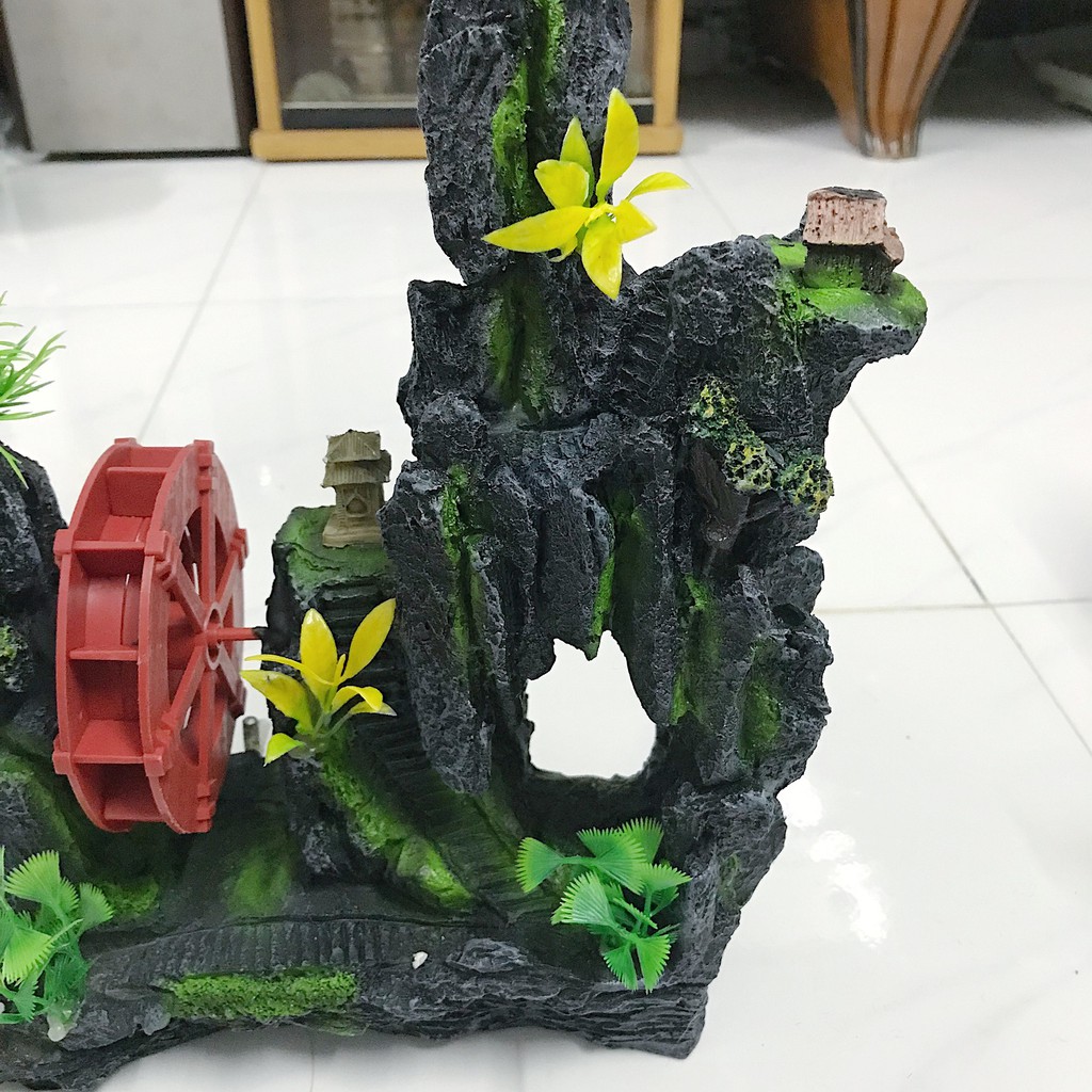 CẢNH NÚI CÓ BÁNH QUAY TRANG TRÍ HỒ CÁ NON BỘ DÀI 19CM RỘNG 8CM CAO 27CM