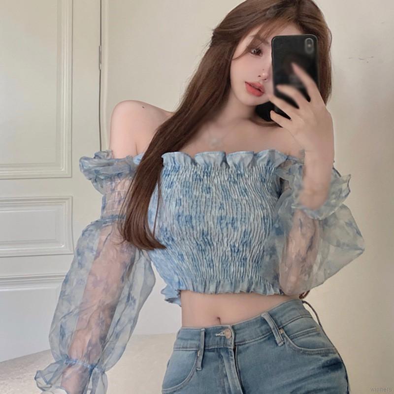 Áo Kiểu Chất Chiffon Tay Dài Cổ Vuông Hoạ Tiết Hoa Nữ Tính | BigBuy360 - bigbuy360.vn