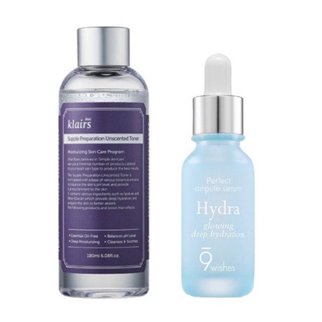 Combo Dưỡng Ẩm Toner Klairs Unscented 180ml + Serum 9 Wishes Perfect Ampule Hydra 25ml