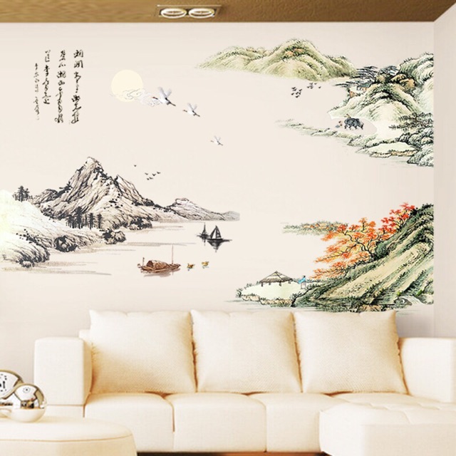 Decal dán tường 3D phong thủy núi đá