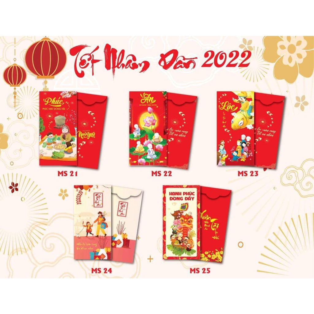 Combo giá rẻ 10 Phong Bao Lì Xì Tết 2022 May Mắn Lộc Phát Xuân Nhâm Dần Giấy in loại 1 tặng kèm túi bóng kính