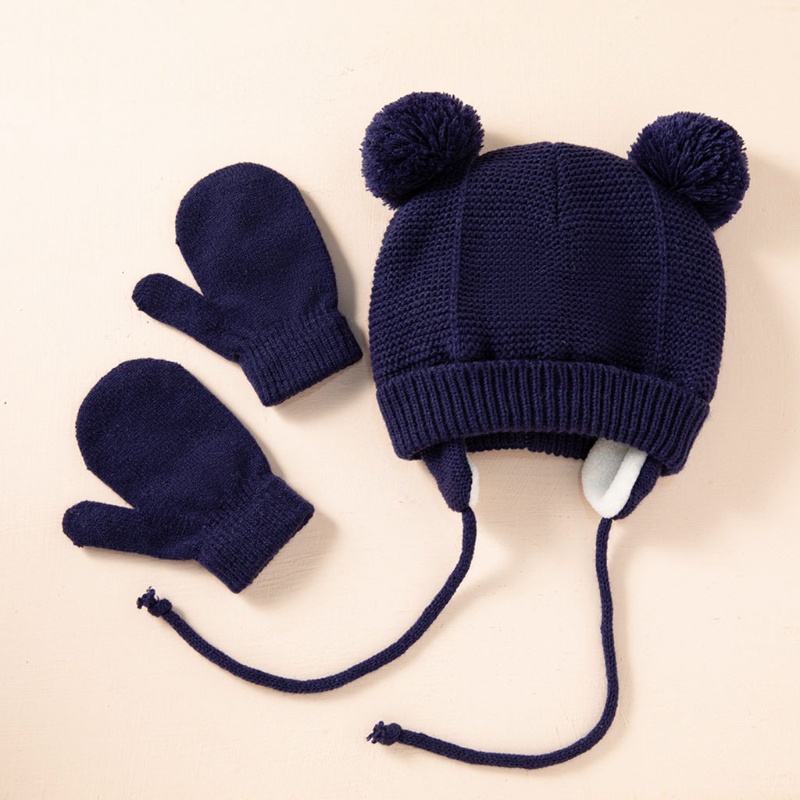 Bộ Mũ Beanie + Găng Tay Màu Trơn Giữ Ấm Mùa Đông Thiết Kế Tai Dễ Thương Cho Bé