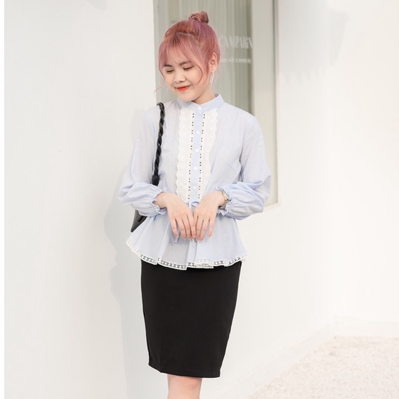 Áo babydoll caro xanh thắt eo pha ren thiết kế Bazzi - ẢNH THẬT TỰ CHỤP