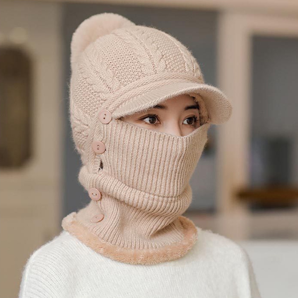 Mũ giữ ấm bằng vải len dệt kim có khăn choàng cổ tích hợp thiết kế màu trơn thích hợp cho hoạt động ngoài trời