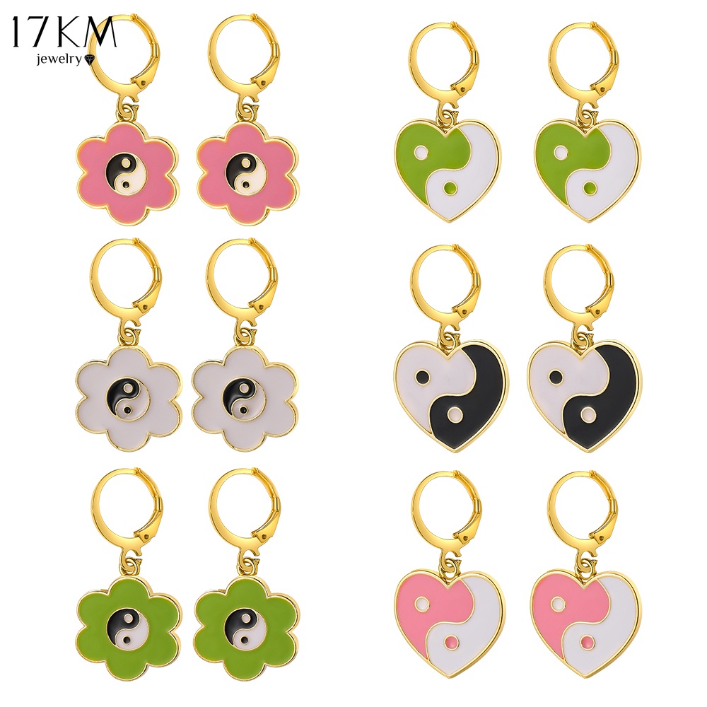Hoa tai 17KM móc tròn hình trái tim phối màu sắc thời trang