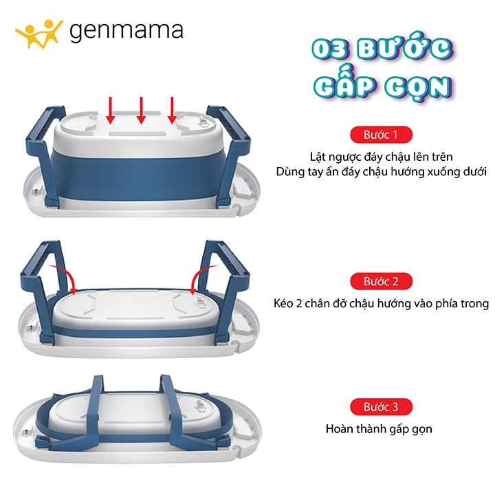 Chậu tắm cho bé từ sơ sinh đến 5 tuổi nhiệt kế và phao bơi  GENMAMA,Thau tắm cho bé đa năng gấp gọn tiện ích