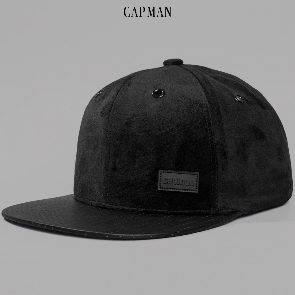 Mũ snapback chính hãng CAPMAN phong cách hiphop vải da lộn trơn màu đen