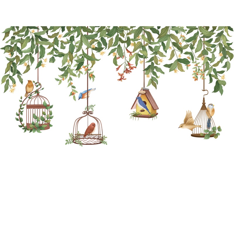 Tranh dán tường 3D hình nền hoa lá rủ và lồng chim KT 100x60cm, DECAL trang trí siêu rẻ
