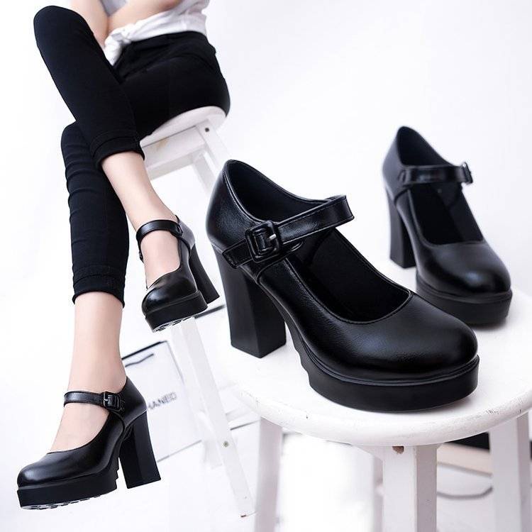 Giày Cao Gót Từ Da Pu Mũi Tròn Đế Dày Phối Khóa Cài Chống Thấm Nước