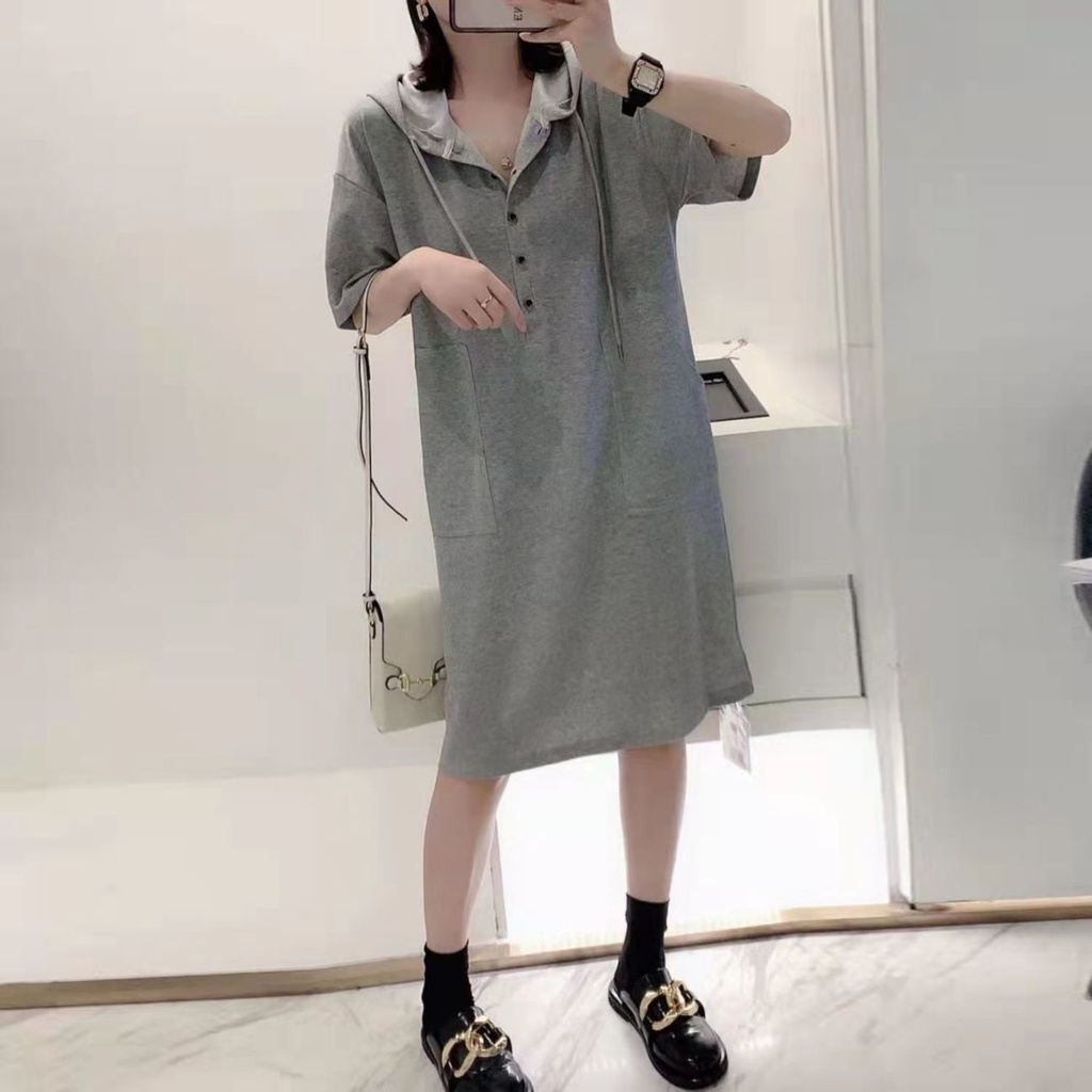 Đầm Hoodie Tay Ngắn Dáng Rộng Màu Trơn C9045 40-150KG Thời Trang Cho Nữ