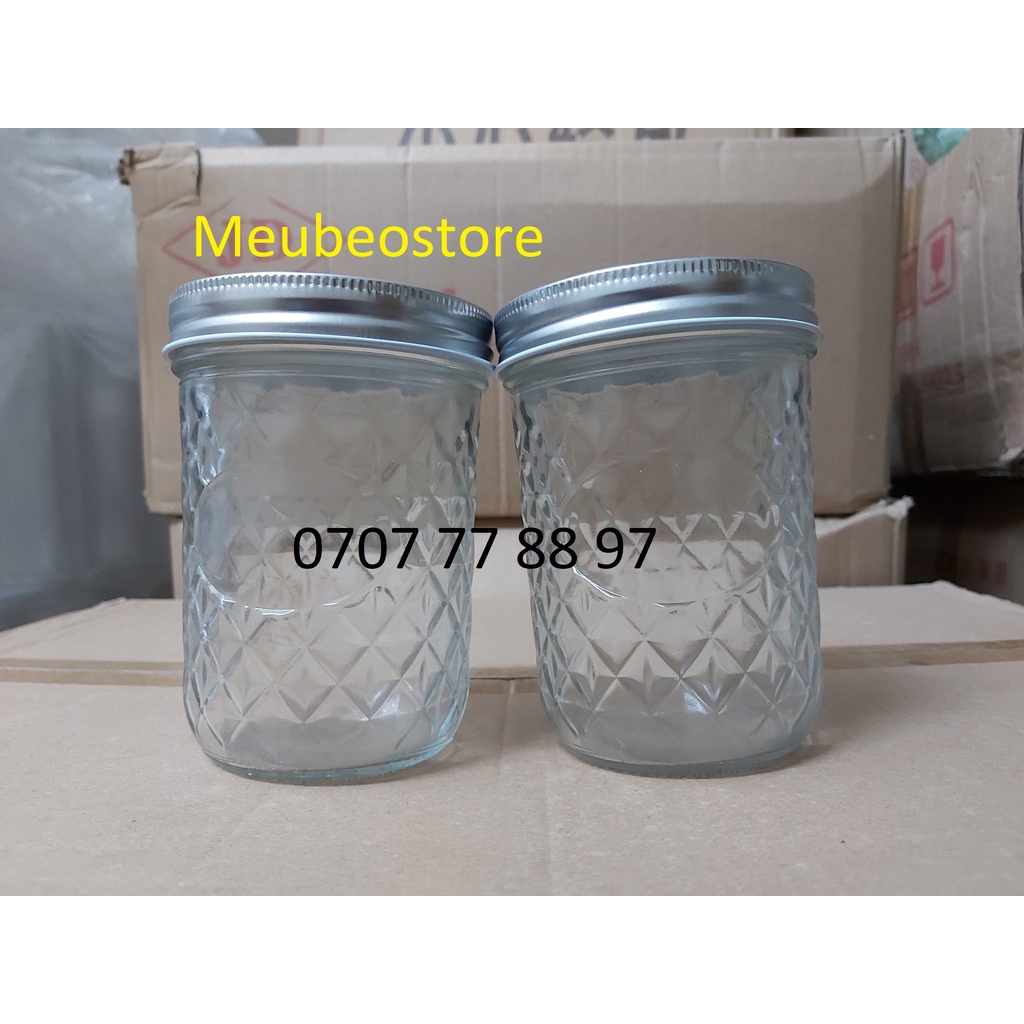 Hủ thủy tinh 500ml vân nổi kim cương nắp nhôm làm sữa chua