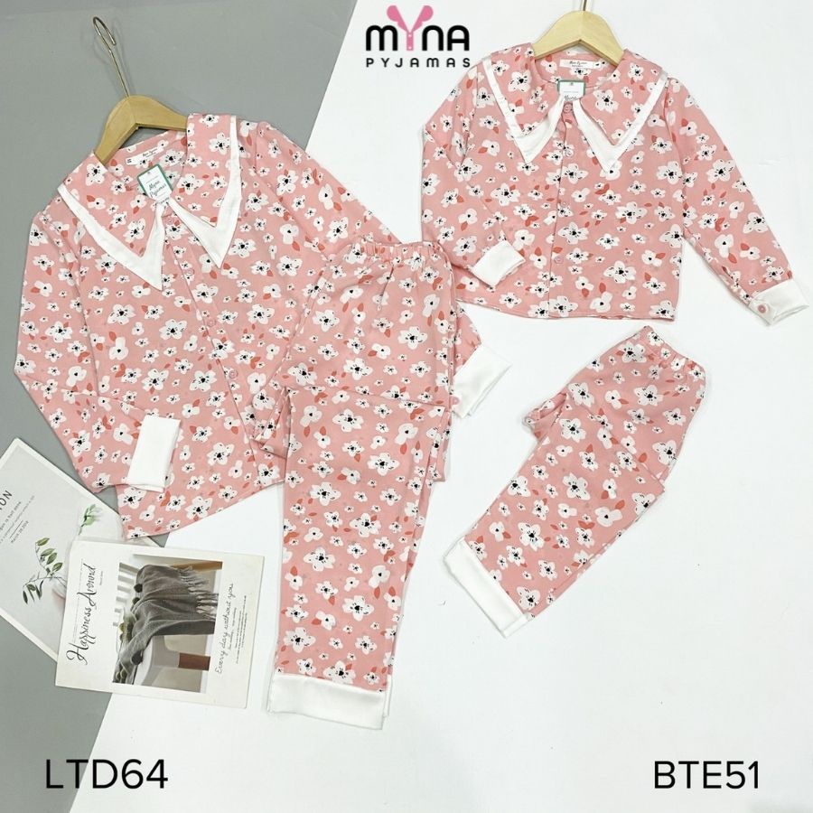 Bộ đồ ngủ pijama mẹ và bé tay dài cổ nhọn , chất lụa mango cao cấp