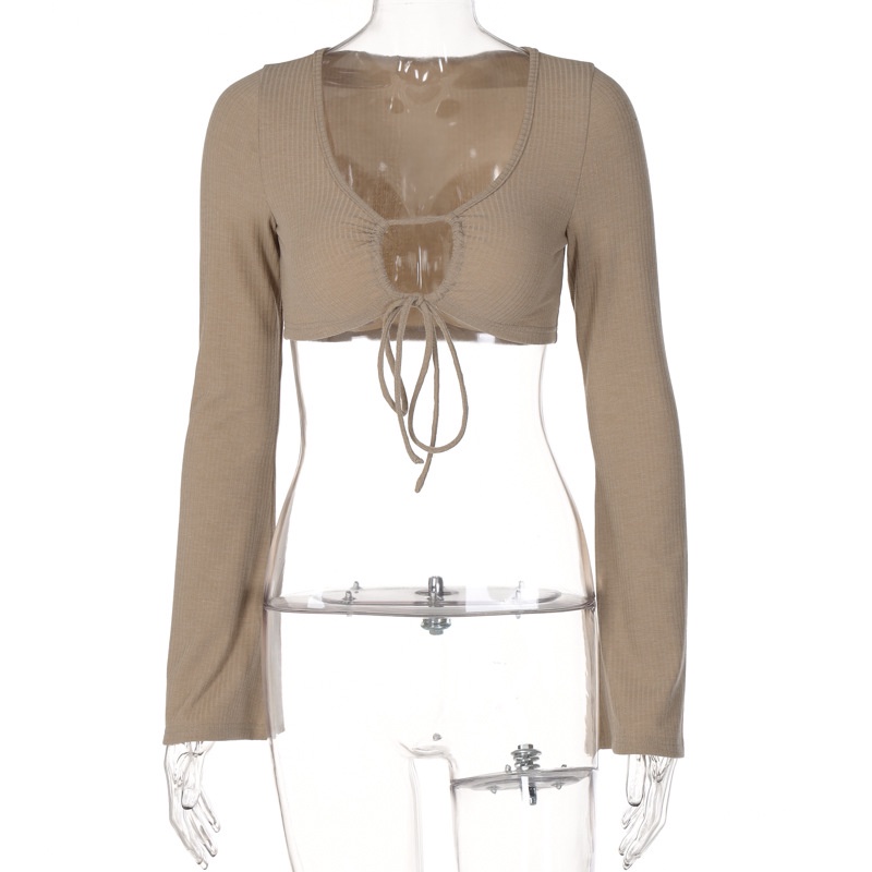 DUNEA Áo thun tay dài cổ khoét sâu thiết kế quyến rũ thời trang cho nữ