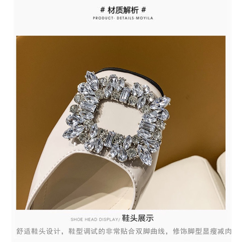 Giày Sandal Bít Mũi Bằng Da Bóng Đính Đá Phối Khóa Vuông Thời Trang 2022 Cho Nữ