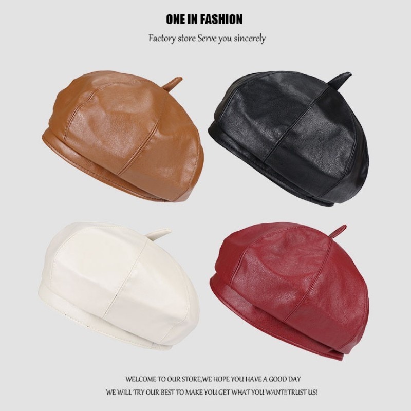 Mũ nồi bằng da PU màu trơn phong cách vintage cho nữ